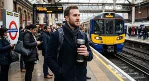 Commuter holding a double-walled stainless steel travel mug on a London train station platform
