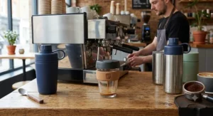 KeepCup fitting easily under an espresso machine group head in a UK coffee shop alongside taller competitor cups.