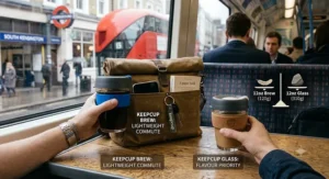 Illustration highlighting the lighter weight and portability of KeepCup Brew for daily British commutes.