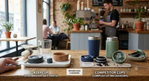 KeepCup disassembled for effortless cleaning compared to competitor cups with complex lid mechanisms.