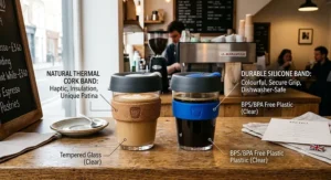 Design comparison between the thermal cork band on KeepCup Glass and the colourful silicone band on KeepCup Brew.