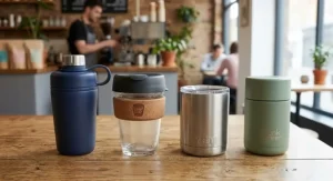 KeepCup tempered glass travel mug compared with stainless steel insulated cups from competing UK brands.