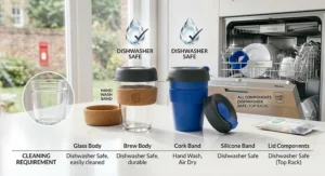 Graphic demonstrating dishwasher safety and ease of cleaning for KeepCup Glass and Brew reusable cups.