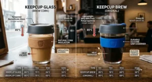 Diagram comparing heat retention and thermal insulation between KeepCup Glass and Brew models.