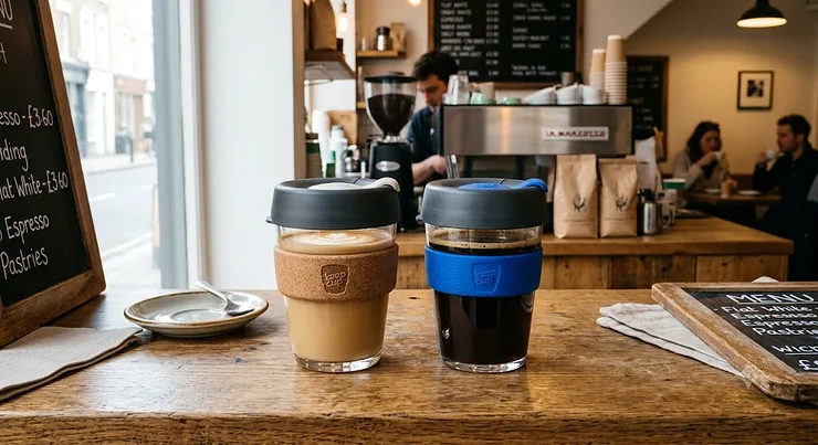 Side-by-side comparison of a KeepCup Glass and KeepCup Brew reusable coffee cup on a UK café counter. KeepCup glass vs brew which is better