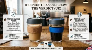 Verdict summary graphic helping UK coffee drinkers decide whether KeepCup Glass or Brew is better for them.