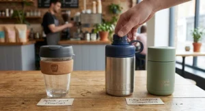 Close-up comparison of the KeepCup splash-proof press lid and fully leakproof competitor travel mug lids.