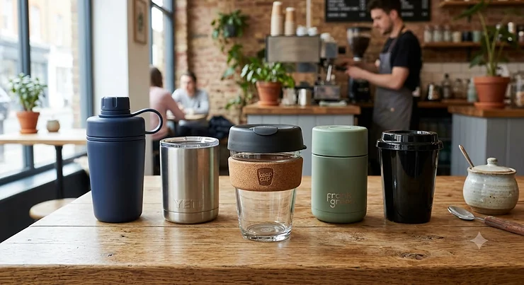 KeepCup reusable coffee cup displayed alongside top UK competitor travel mugs on a wooden cafe table. KeepCup vs competitors