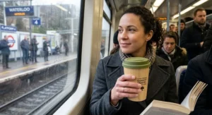 A commuter holding a leak-proof bamboo travel coffee mug with a secure silicone lid on a morning train journey.