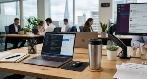 Leakproof stainless steel coffee cup sitting safely next to a laptop on an office desk