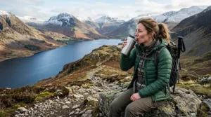 Walker drinking hot tea from a leakproof stainless steel reusable coffee cup while hiking in the Lake District.