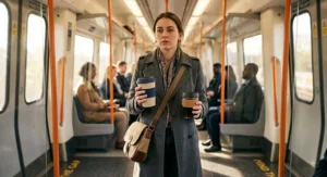 Illustration of a British commuter carrying a lightweight bamboo reusable coffee cup alongside a glass alternative.
