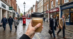 Person holding a lightweight glass reusable coffee cup while walking through a British High Street.