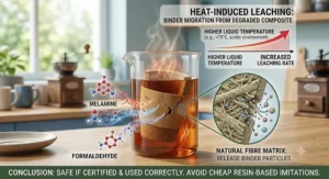 Diagram illustrating how heat can cause melamine and formaldehyde to leach from unapproved bamboo coffee cups into hot drinks.