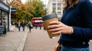 Person holding a glass reusable coffee cup with a heat-resistant cork band while walking outdoors