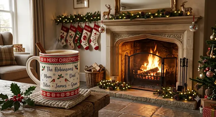Personalised Christmas mug featuring family names around a cosy British fireplace.