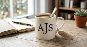 Monogrammed coffee mug with elegant initials, stylish personalised mug under £15