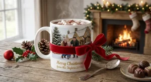 Personalised photo mug showing a holiday memory, wrapped with a red velvet ribbon.