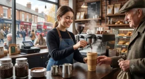 A local British barista filling a customer's reusable bamboo coffee cup at a high street coffee shop counter.