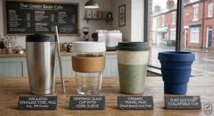 Illustration comparing safe reusable coffee cup alternatives available in the UK, including stainless steel, glass, and ceramic mugs.