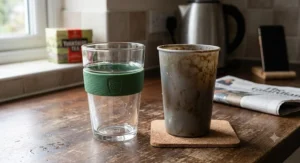 A sparkling clean glass reusable cup next to a discoloured plastic reusable cup after repeated tea brewing