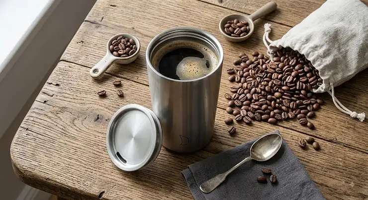 Stainless steel coffee cup without plastic taste displayed on a wooden table next to fresh coffee beans,stainless steel coffee cup no plastic taste