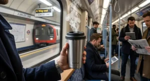 Insulated stainless steel reusable coffee cup keeping a flat white hot during a morning commute.