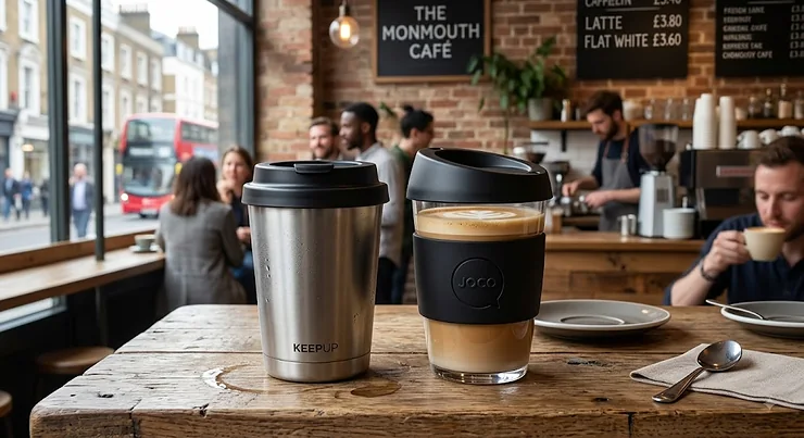 Stainless steel vs glass reusable coffee cup side-by-side comparison on a wooden cafe table in London.