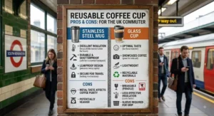 Infographic summarizing pros and cons of stainless steel vs glass reusable coffee cups for UK commuters.