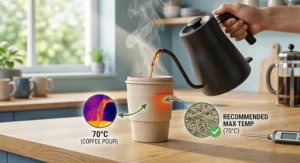 Illustration showing hot tea and coffee pouring into a reusable bamboo coffee mug to demonstrate thermal safety.