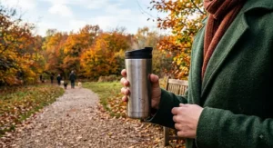 Thermal stainless steel coffee cup kept warm during a morning park walk on a chilly autumn day
