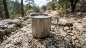 A close-up illustration demonstrating the durability and scratch resistance of best camping mugs on rocks.