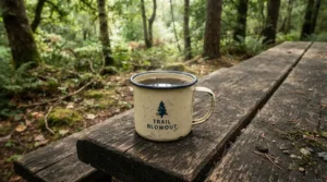 A classic retro enamel design featured in our selection of the best camping mugs on a picnic bench.