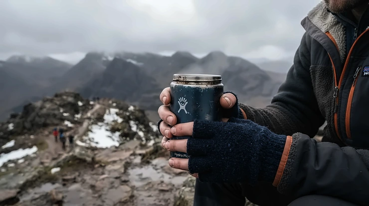 A hiker with cold hands warming up while gripping one of the best camping mugs on a peak.