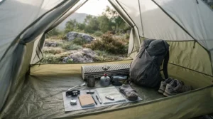 An illustration showcasing best camping mugs on a lightweight backpacking gear layout in a tent.