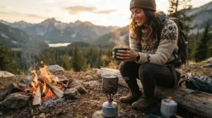 A person holding one of the best camping mugs near a campsite cooking stove with a steaming brew.