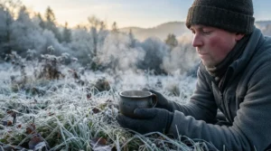 Steam rising from a hot beverage inside one of the best camping mugs during a chilly morning.