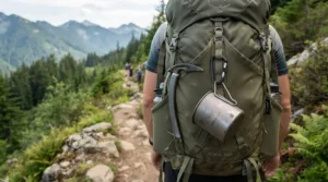 A lightweight metallic vessel considered among the best camping mugs clipped onto a hiking pack for minimal pack weight.