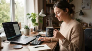 An office worker using one of the best colour changing mugs filled with hot coffee at their desk