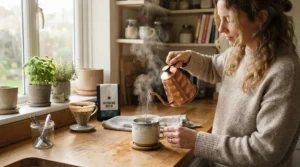 A cup of tea showing the best colour changing mugs design as hot water is poured in a bright kitchen