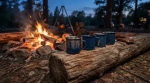 A set of the best enamel camping mugs glowing beside a warm campfire in the Scottish Highlands