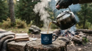 Pouring steaming hot tea into the best enamel camping mugs during an early morning hike