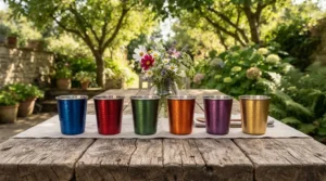 An enamel mug set showcasing the best enamel camping mugs neatly arranged on a wooden picnic table
