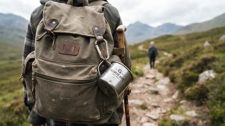Achieving retro camping aesthetics with the best enamel camping mugs hung from a backpack