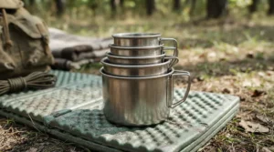 Demonstrating mug stacking storage with the best enamel camping mugs packed inside a rucksack
