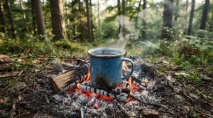 The best enamel mug for campfire heating water directly over glowing embers in a woodland clearing