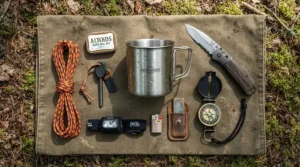 The best enamel mug for campfire included in an organised bushcraft kit list on canvas