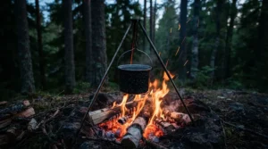 Preparing hot chocolate with the best enamel mug for campfire over an open flame setup