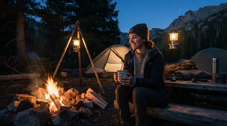 Sipping warm soup from the best enamel mug for campfire outside a canvas tent at dusk