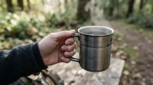 Demonstrating the heat-safe handle design of the best enamel mug for campfire use